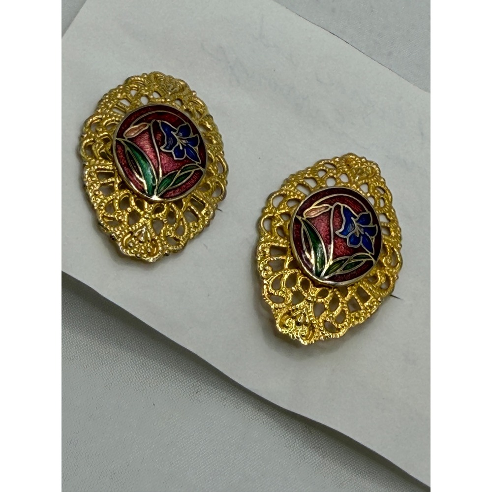 Vintage Gold-Tone Filigree Enamel Flower Clip-On Earrings Blue Floral Cloisonne
